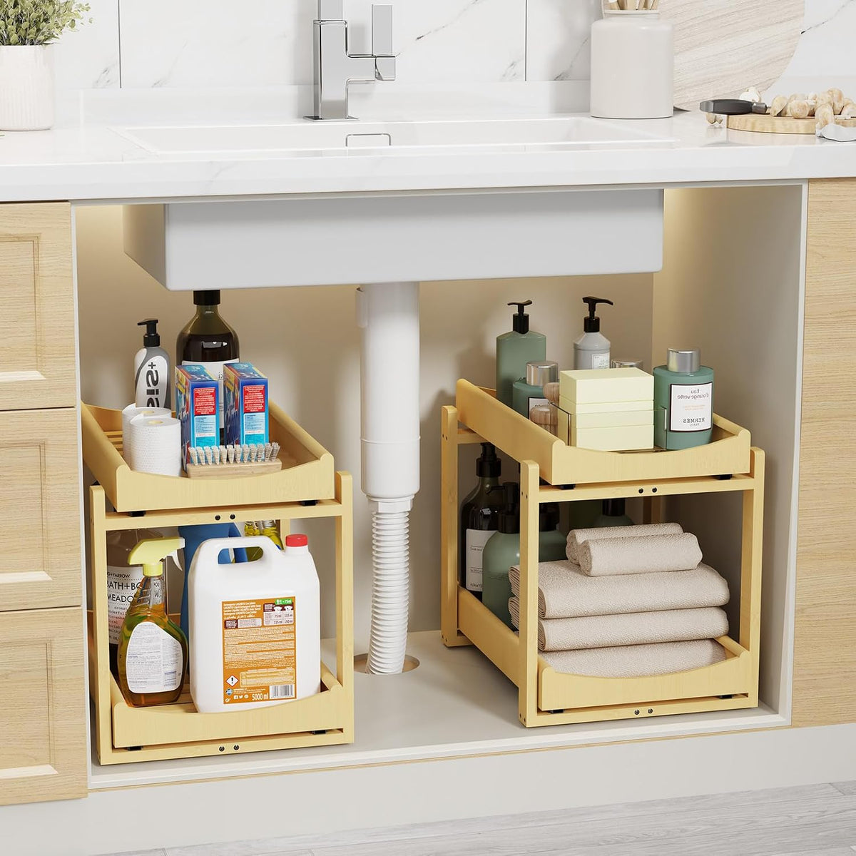 Bamboo Under Sink Organizer Adjustable Height 2 Tier Bathroom Organizer