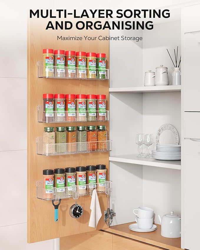 Nieifi Spice Rack Wall Mount, 4 Pack, Clear, Screw or Adhesive Installation, Spice Rack Organizer for Small Spice Jars, Suitable for Kitchen Cabinet or Pantry Door