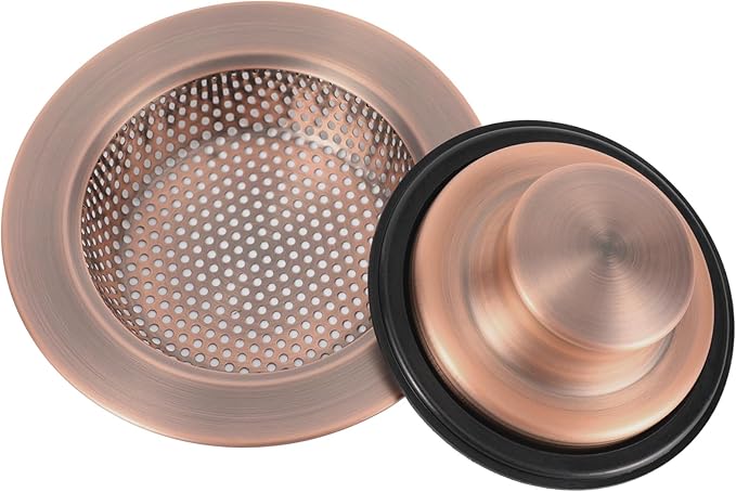 RQYEKDO Kitchen Sink Strainers Sink Stopper Kits, Stainless Steel Sink Drain Strainer Set, Large Wide Rim 4.4" Diameter Food Catcher Garbage Disposal Plug for Most Sink Drains Basket Filter (Copper)