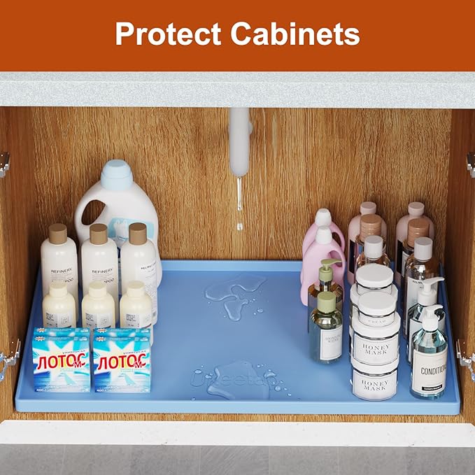 ukeetap Extra Thick Silicone Mat Waterproof with Raised Edge 34" x 22", Under Sink Mat for Kitchen & Bathroom, Kitchen Cabinet Liner, Multi-Purpose for Storage & Protection, Blue