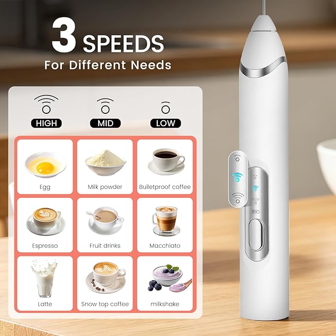 Handheld Milk Frother with Travel Case - Portable USB Rechargeable Mini Whisk for Coffee, Latte. Includes 3 whisks, storage, perfect for frothing milk, beating eggs, and blending drinks.
