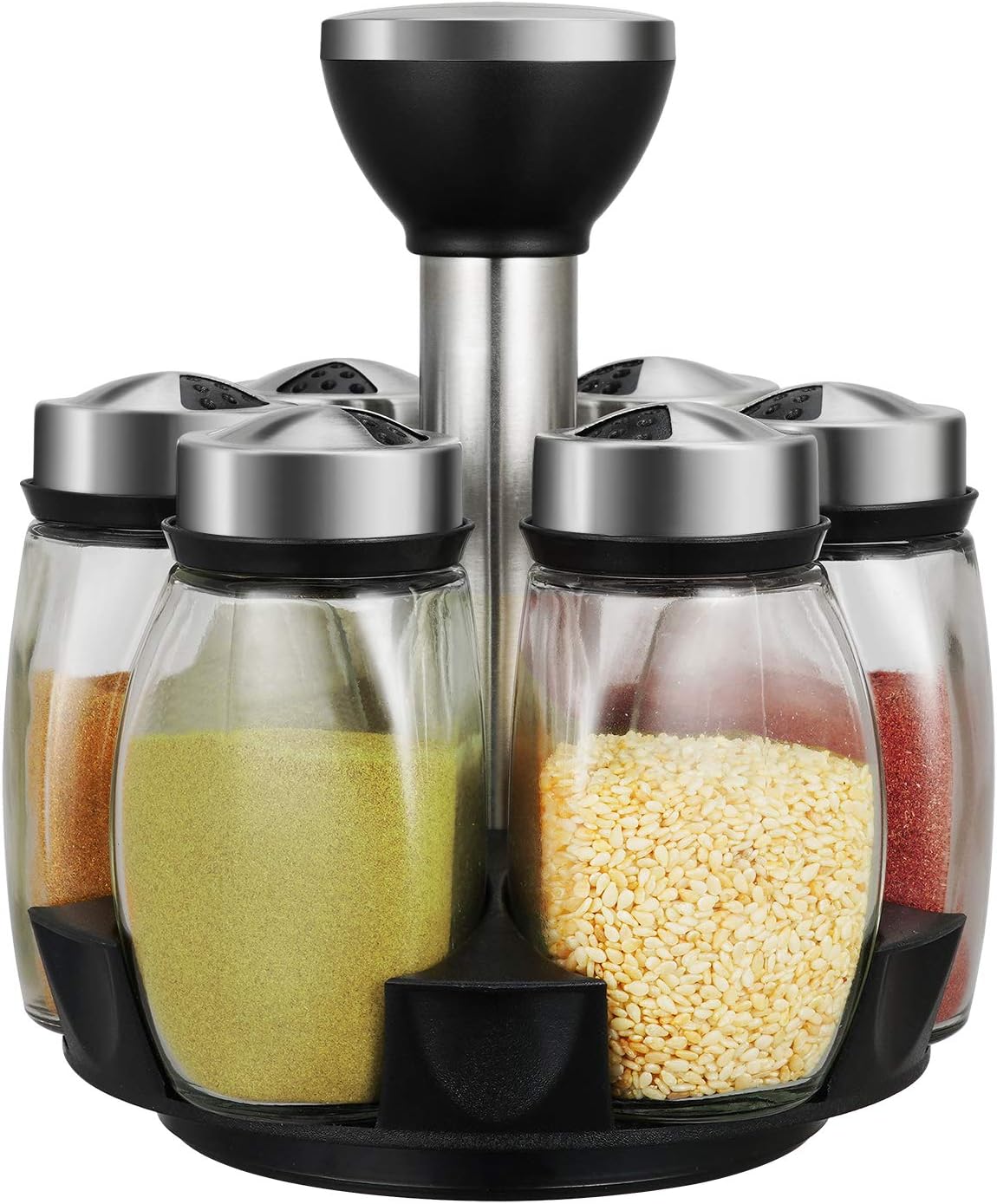 6-Jar Revolving Spice Rack Organizer Holder, Kitchen Countertop Seasoning Stand Organizer Include 6 Glass Jar Bottles, Great Gift For Chefs & Foodies (Spices Not Included)