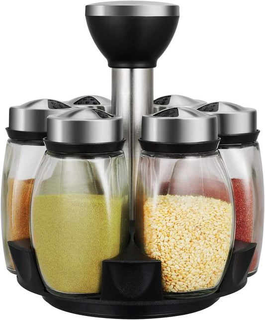 6-Jar Revolving Spice Rack Organizer Holder, Kitchen Countertop Seasoning Stand Organizer Include 6 Glass Jar Bottles, Great Gift For Chefs & Foodies (Spices Not Included)