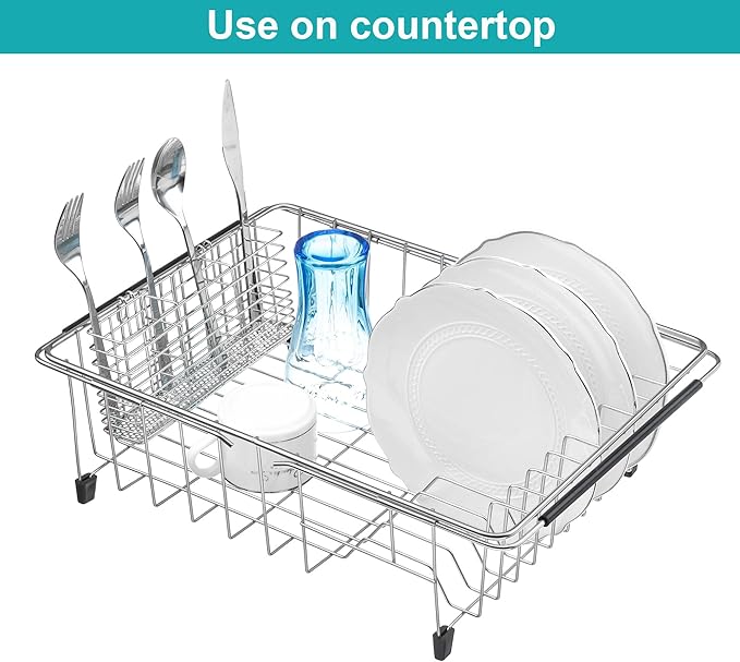 iPEGTOP Expandable Dish Drying Rack Over Sink, Rustproof Stainless Steel Basket Shelf, Multifunctional Dish Drainer Organizer with Utensil Cutlery Holder