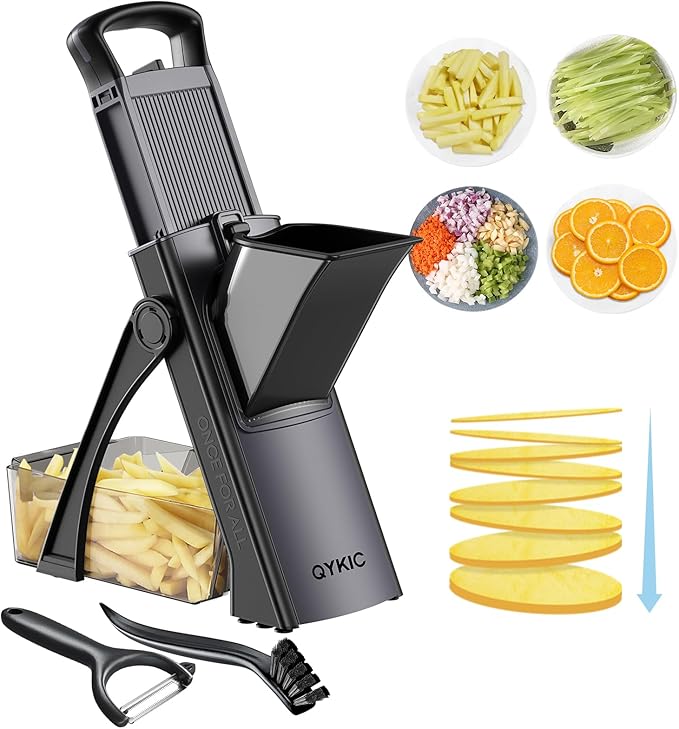 QYKIC Upgrade Safe Mandoline Slicer for Kitchen, Vegetable Chopper and Slicer, Potato Slicer Thickness Adjuster, French Fry Cutter, Veggie Onion Dicer Faster Kitchen Mandolin for Meal Prep