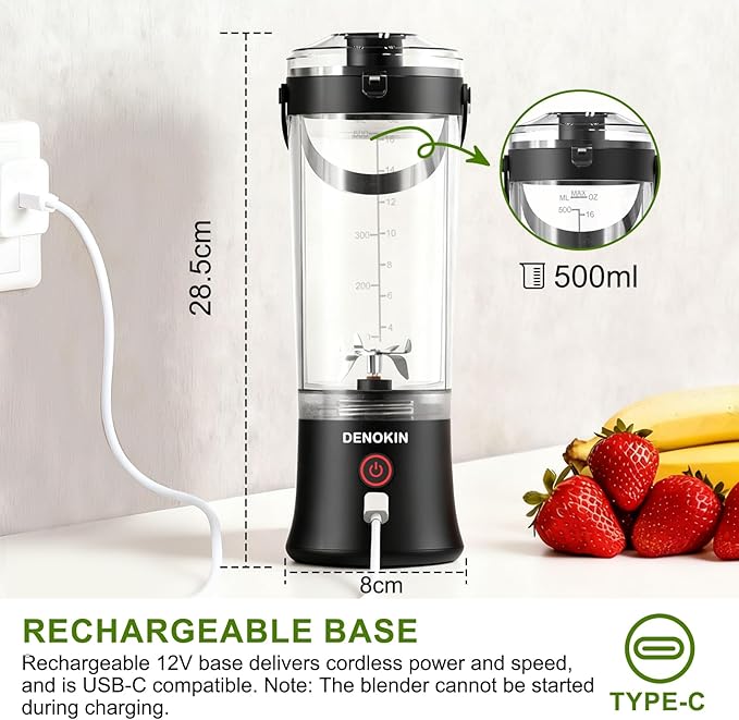 DENOKIN Portable Blender with Drinking Lid, 16oz, Cordless Blender for On-the-Go, Rechargeable via USB-C, Black