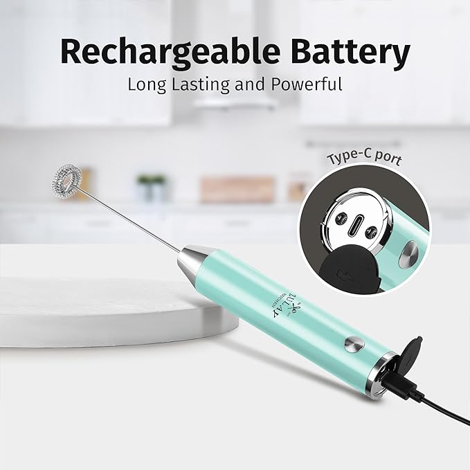 Zulay Kitchen Rechargeable Milk Frother Handheld - Frother Wand, Drink Mixer, Electric Whisk Frother, for Cappuccinos, Matcha & Protein Powder - Lux 4 Whisk 2 Speed Waterproof 2000mAh Sky Blue