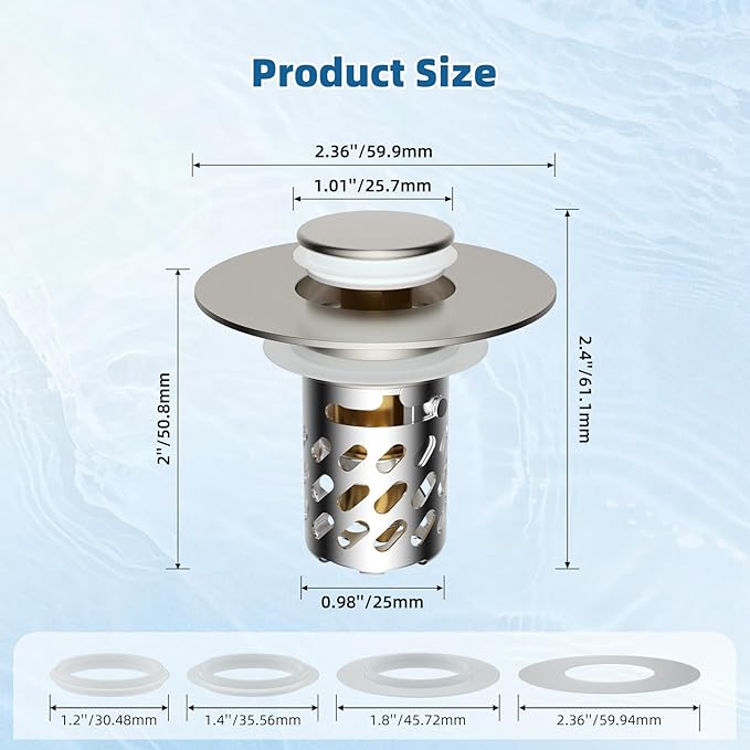 iFealClear 2 Pack Metal Bathroom Sink Stopper, Pop Up Sink Drain Strainer with Removable Stainless Steel Filter Basket, Universal for 1.1"-2.36" Sink, Brass Bounce Core, Hair Catcher, Brushed Nickel