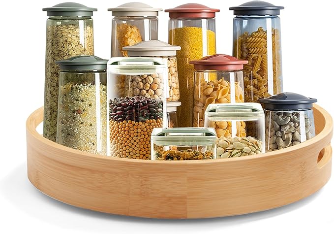 14in Bamboo Lazy Susan Organizer for Cabinet - Turntable Organizer fo Table Top, Pantry, Cabinet, Countertop & Kitchen | Spinning Spice, jar & Seasoning Storage Tray