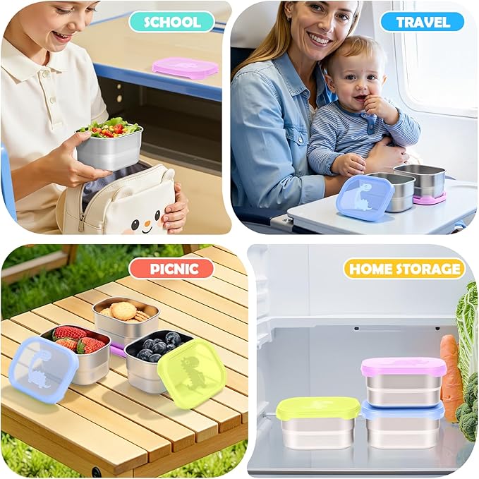 Tanjiae 3×8oz Small Stainless Steel Snack Containers - 230mL Leakproof Food Containers with Cute Dino Lids | LFGB Certified, Stackable Metal Snack Box for Home, Office, Travel