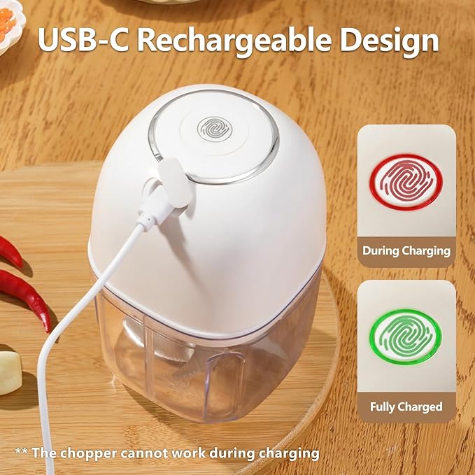 Wireless Food Chopper Mini, 350ml Cordless Food Processor, 1.4Cup Garlic Onion Chopper, Battery USB-C Rechargeable Electric Processor, Veggie Meat Blender, Small Kitchen Appliance Portable Mixer,White