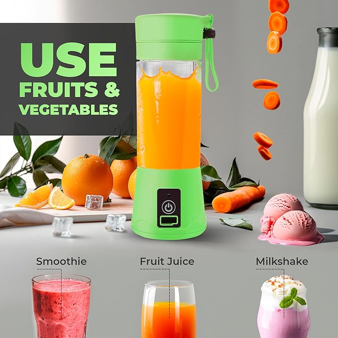 Portable Blender - Compact and USB Rechargeable Personal Travel Blenders for Smoothies, Shakes and Ice - Mini Fruit Juice Mixing Shaker Bottle - 380ml, Green
