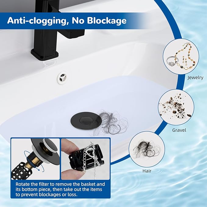 Hibbent 3 Pack 3 in 1 Bathroom Sink Drain Strainer, Universal Pop Up Stopper, Removable Stainless Steel Filter Basket Hair Catcher, Sink Plug for 1.1''~2.36'' Basin, Brass Bullet Core, Matte Black