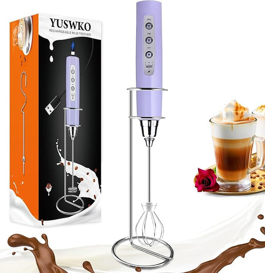 YUSWKO Light Purple Rechargeable Milk Frother for Coffee with Stand, Handheld Drink Mixer with 3 Heads 3 Speeds Electric Stirrers for Latte, Cappuccino, Hot Chocolate, Egg