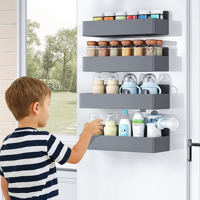Mystozer Magnetic Spice Rack for Refrigerator, Kitchen Organizer and Storage Shelf, Grey(2 Pack)