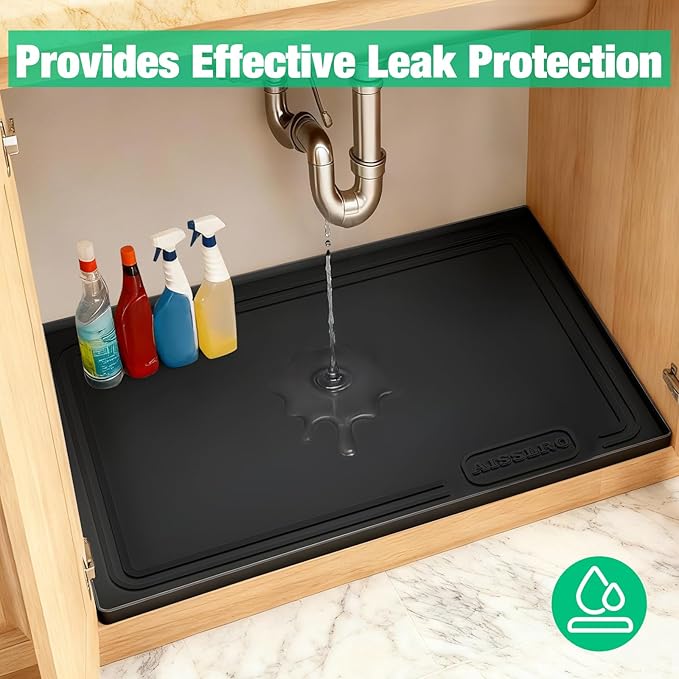 Aisslro Under Sink Mat 25" X 19", Waterproof Silicone Under Sink Mats for Kitchen, Anti-Leak Shelf Liner & Cabinet Protector with Raised Edge, [BPA Free] Bathroom Tray Home Organizer, Black