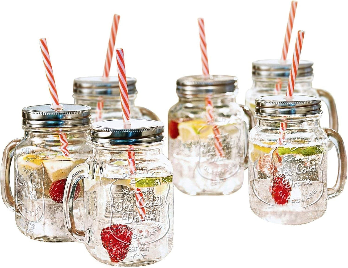 Glass Mason Jars with Handles, Lid and Straw 16 oz | Drinking Glasses Cups Mug Set for Iced Coffee, Tea & Smoothie - Set of 6