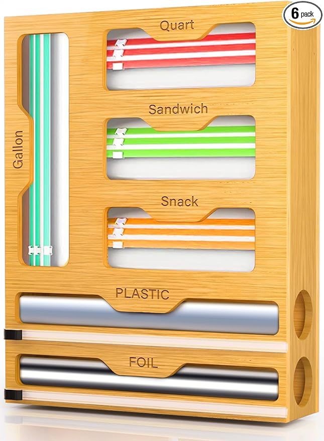 KOCWELL Bag Organizer and Plastic Wrap Dispenser with Cutter, 6 In 1 Bamboo Foil and Plastic Wrap Organizer for Kitchen Drawer, Food Storage Bag Organizer for Gallon,Quart,Sandwich,Snack(Yellow)