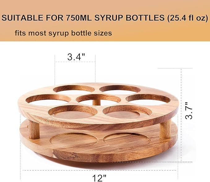 Acacia Wood Rotating Coffee Syrup Organizer, 7 Bottle Coffee Syrup Rack Organizer for Countertop, Turntable Bottle Holder for Coffee Bar Station