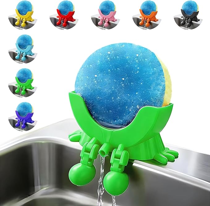 Cute Hanging Sponge Holder with Drainage, 3D Printed Sink Rack with Legs and Handles, 3D Printing Funny Countertop Sponge Holders for Kitchen Sink Draining (Green)