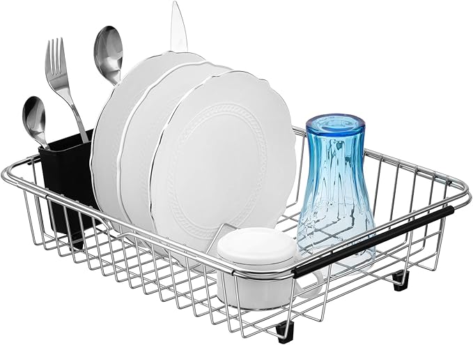 SANNO Expandable Dish Drying Rack Over the Sink Dish Drainer Dish Rack in Sink or On Counter with Utensil Silverware Storage Holder, Rustproof Stainless Steel