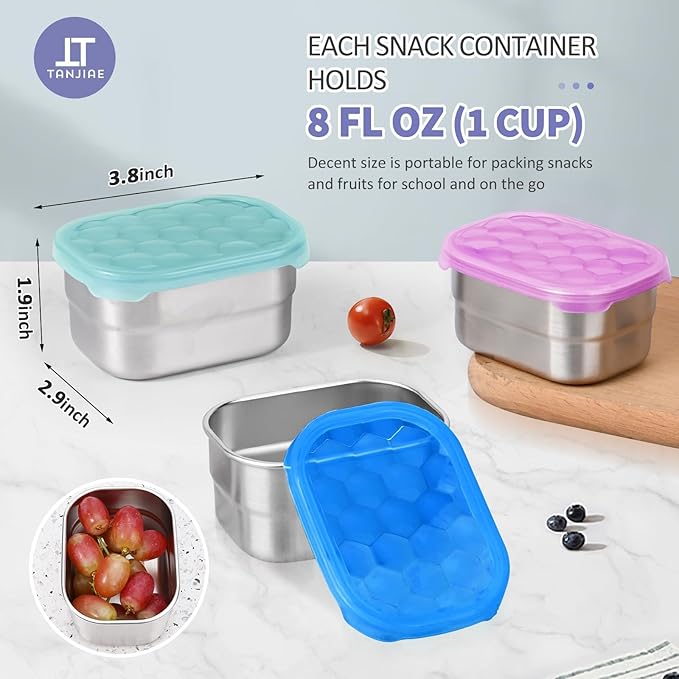 Tanjiae Snack Pro - Small (1 CUP) Stainless Steel Snack Containers for Kids | Easy Open Leak Proof Food Containers with Silicone Lids - Perfect Metal Toddler Lunch Box for Daycare and School (8oz*3)