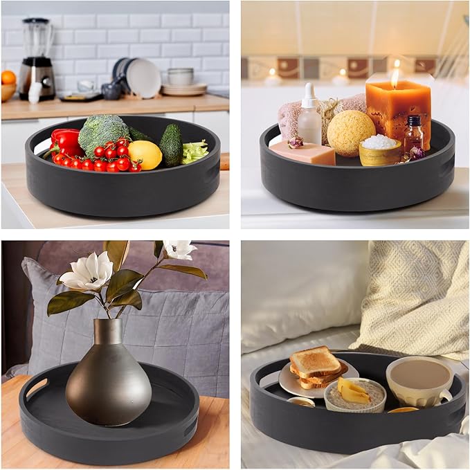 10in Black Bamboo Lazy Susan Turntable - Tall Side Anti-Fall Organizer for Pantry, Countertop & Cabinet | Round Spice & Seasoning Condiment Spinning Tray