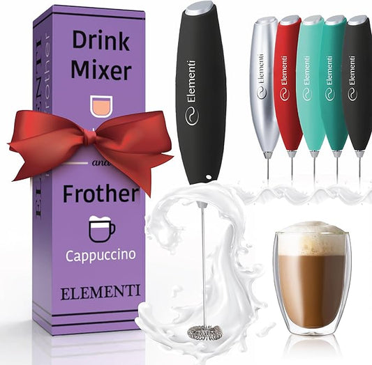 Elementi Drink Mixer Handheld - Electric Stirrer and Powerful Protein Powder Mixer Wand, Easy-to-Use Mini Frother Wand for Quick Delicious Cocktails, Milk Frother and Coffee Stirrers (Black)