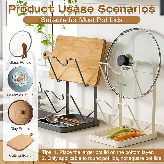 Kitchen Pot Lid Storage Rack,Pot Lid Organizer,Kitchen Pot Lid Holder While Cooking,Space-Saving Lids Racks,Multifunctional Kitchen Pots Lids Organizer for Countertop(Gray)