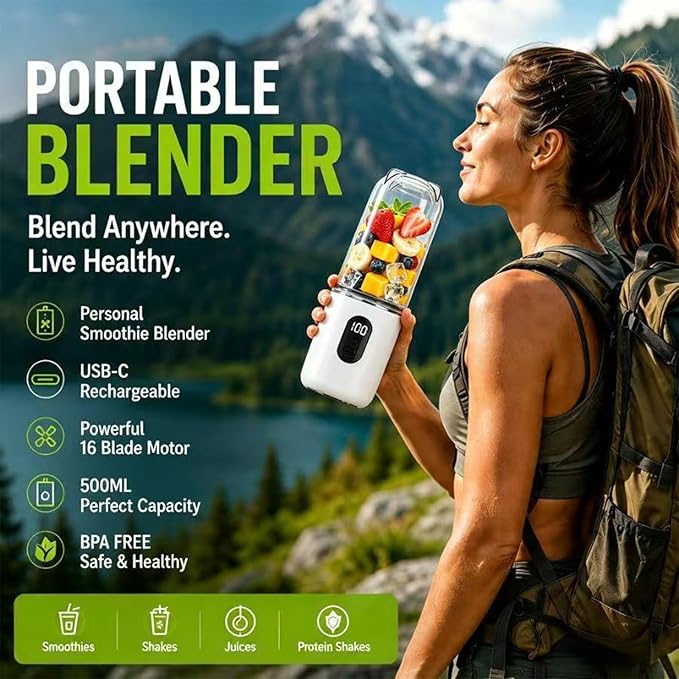 Portable Blender for Protein Shakes & Smoothies, 17oz USB-C Rechargeable Personal Blender with LED Display, Powerful 16-Blade Mini Juicer for Gym, Travel & Office
