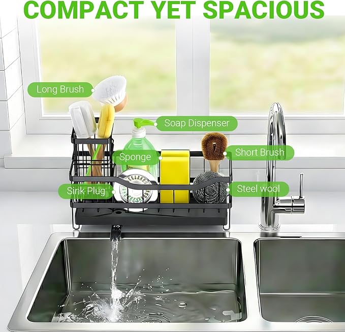 Sponge Holder for Kitchen Sink, Self-Draining Sink Caddy Organizer with Removable Brush Holder, Rustproof Metal Sponge Rack for Countertop, Fits Soap Dispenser & Scrubber, Black