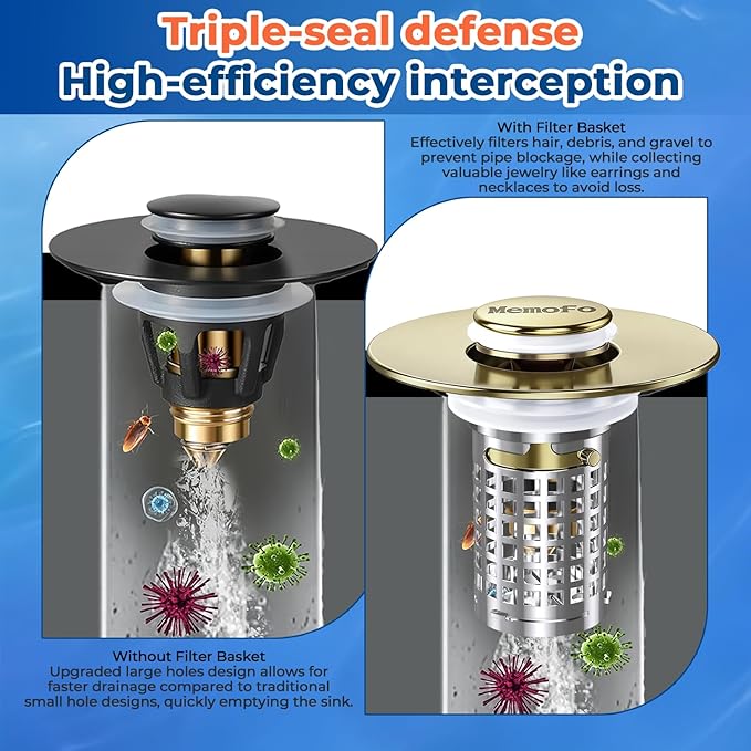 Bathroom Sink Stopper, Stainless Steel Pop-up Sink Stopper Hair Catcher with Removable Basket (2PACK)
