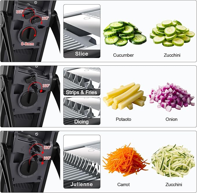 Safe Mandoline Slicer for Kitchen, 6 in 1 Vegetable Chopper, French Fry Cutter For Potatoes, Potato Slicer,Food Chopper,Adjustable Thickness 0.1-8 mm, With Peeler/Cleaning Brush (Gray)