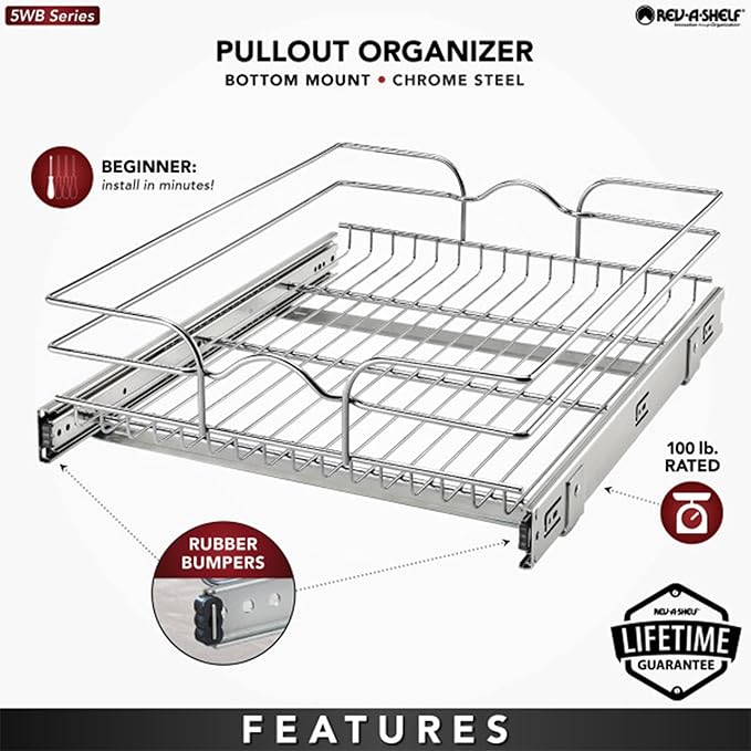 Rev-A-Shelf Steel Wire Pullout Drawer Organizer Shelf for Kitchen Cabinets, Slide Out Storage Basket, Min Opening Width of 17.5", 18" x 22", 5WB1-1822CR-1
