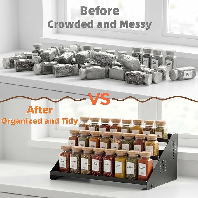 RICHMYC 3 Tier Spice Rack Organizer for Cabinet, Expandable Metal Spice Organization Shelf, Adjustable Step Seasoning Organizer for Countertop and Pantry, Anti-Slip Kitchen Spices Storage Display