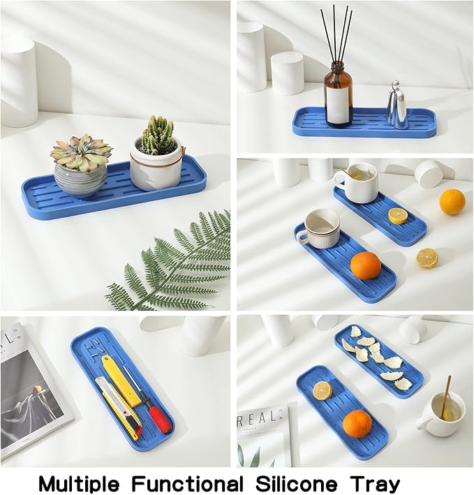 MicoYang Silicone Kitchen Sink Organizer Tray for Multiple Usage,Eco-Friendly Sponges Holder for Kitchen Bathroom Counter or Sink,Dish Soap Dispenser,Scrubber,Bottle,Cup (Lichen Blue, 12"×4")