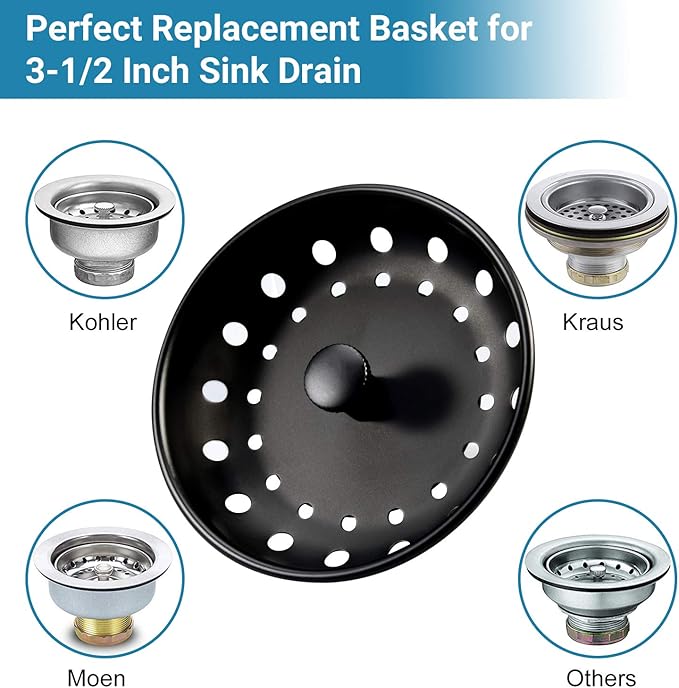 KONE Black Sink Basket Strainer Drain Stopper, 2 Pack Stainless Steel Matte Black Kitchen Sink Strainer Fit for Universal 3-1/2 inch Kitchen Sink, Metal Center Knob with Anti-Clog Rubber Sink Stopper