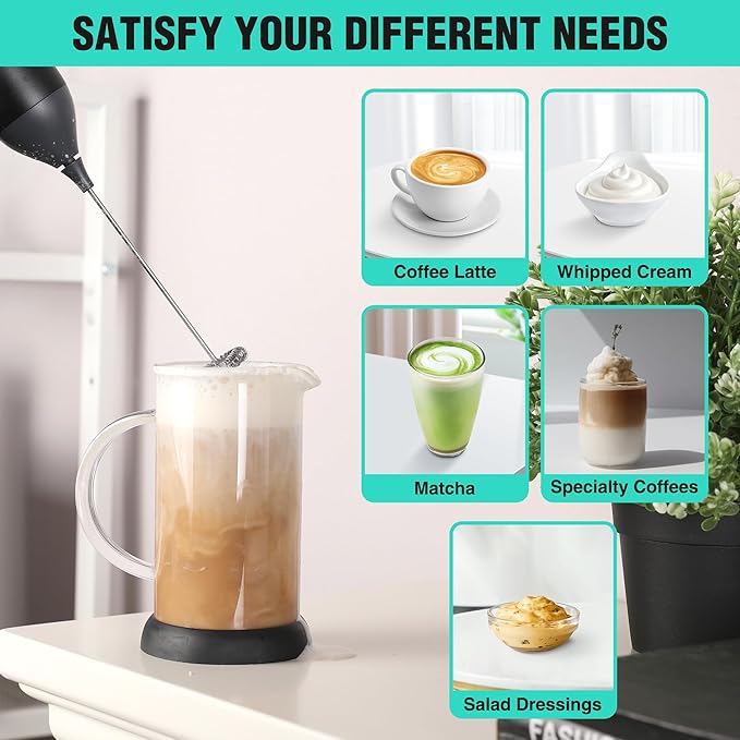 HAUSHOF Powerful Rechargeable Milk Frother Wand, Handheld Electric Foam Maker, Drink Mixer with Detachable Stainless Steel Whisk for Coffee Latte, Cappuccino, Matcha, No Stand, Black