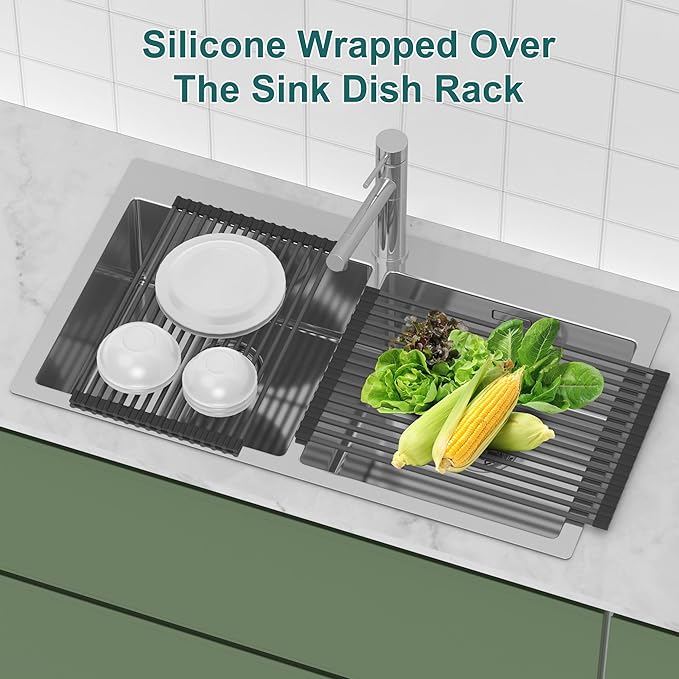 Roll Up Dish Drying Rack, Silicone Wrapped Over The Sink Multipurpose Foldable Dish Drainer Anti-Slip Coated Stainless Steel Dish Racks for Kitchen Counter, Sink Drying Rack (Black, 17.3" x 12.4")