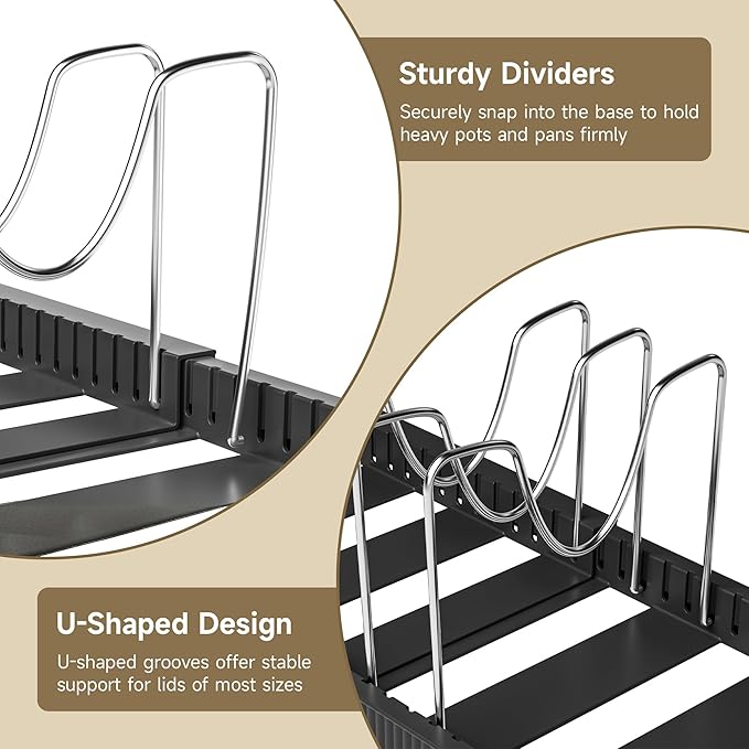 MUDEELA Pot Lid Organizer Rack for Cabinet, Expandable Pots and Pans Organizer under Cabinet with 12 Adjustable Dividers, Pan Organizers Holder inside Cabinet for Cutting Boards, Baking Sheets, Black