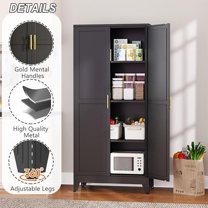 Winiowa Metal Pantry Cabinet with 2 Doors and Adjustable Shelves, 61"Kitchen Storage Cabinet with Gold Handles, Versatile Storage for Laundry, Living, Bathroom, Dining, Utility Room - Black