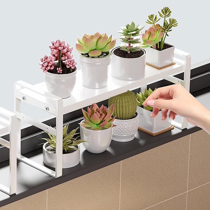 Retractable Over The Sink Shelf - Carbon Steel Window Sill Plant Shelves, Kitchen Counter Shelf for Plants & Storage Organization Accessories (White)