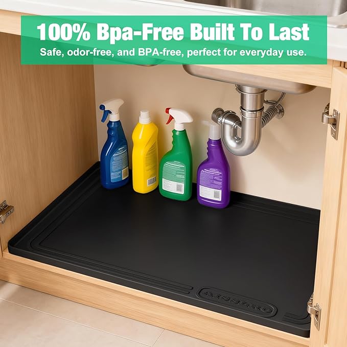 Aisslro Under Sink Mat 25" X 19", Waterproof Silicone Under Sink Mats for Kitchen, Anti-Leak Shelf Liner & Cabinet Protector with Raised Edge, [BPA Free] Bathroom Tray Home Organizer, Black