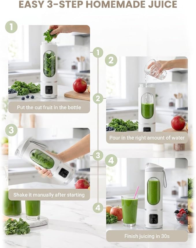 Portable Personal Electric Blender，500ML Portable Shakes and Smoothies Blender，12 Blades USB Rechargeable Small Blenders、Mixing、Compact、Convenient and Versatile (White)