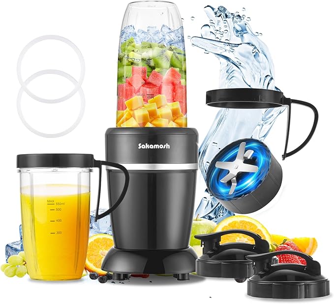 SAKAMOSH 1200W Personal Blender for Shakes and Smoothies, 12-Piece Portable Blender Combo with 6-Fin Blades, 2 To-Go Cups for Juices, Frozen Drinks, Baby Food & More