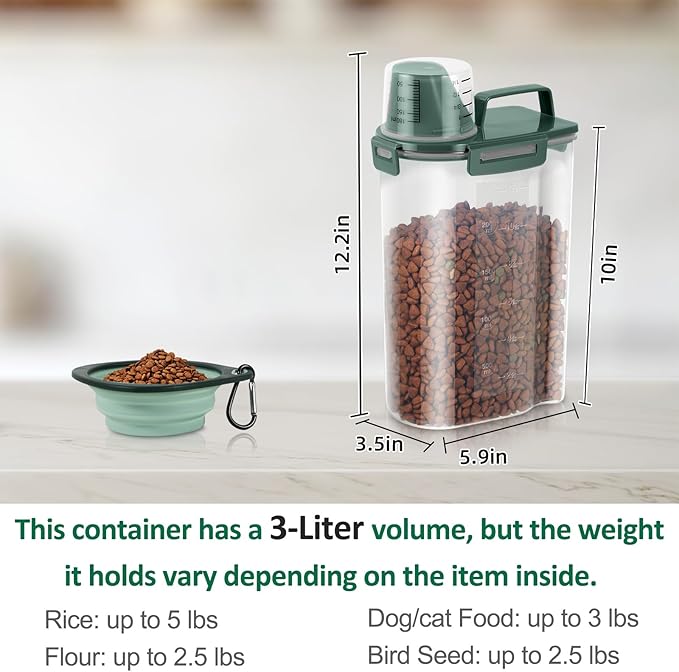 3 Lbs Dog Cat Food Storage Container with Collapsible Dog Bowl for Travel, Portable Pet Food Storage Container, Easy-Pouring Bird Seed Dispenser, Airtight Rice Cereal Oatmeal Flour Holder -Pine Green