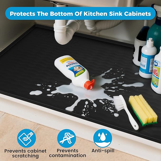 URMONA 19'' x 12'' Waterproof Silicone Under Sink Mat Cabinet and Counter Protector, Shelf Liner for Kitchen and Bathroom, Storage and Organizers, Litter Mat, Pet Cat Puppy Essentials(Black)