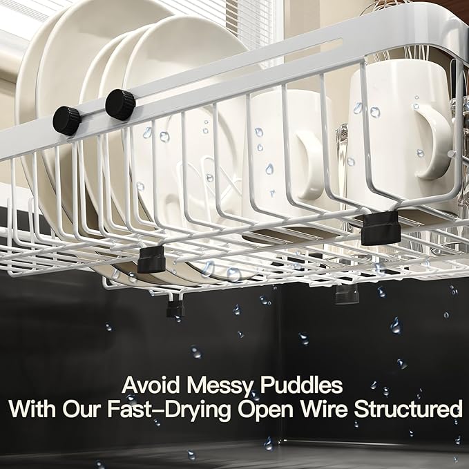 MAJALiS White Dish Drying Rack Over The Sink, Expandable Stainless Steel Dish Drainer for Small Kitchen Counter Space Saving, RV Compact Plate Strainer in Metal with Hanging Adjustable Utensil Holder
