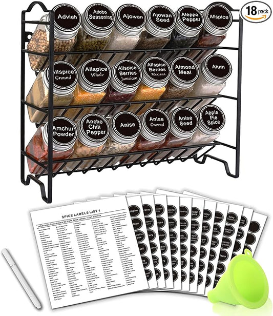 SWOMMOLY Spice Rack Organizer with 18 Empty Square Spice Jars, 396 Spice Labels with Chalk Marker and Funnel Complete Set, Spice Organizer for Countertop, Cabinet or Wall Mount, Black