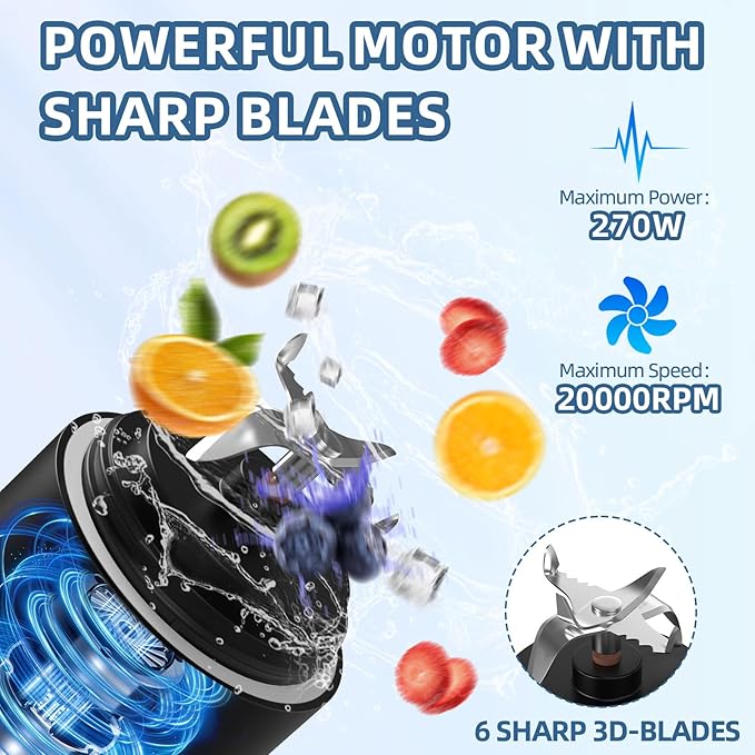 DENOKIN Portable Blender, Shakes and Smoothies Cordless Personal Size Blender 20oz with 6 Blade and a Travel Lid (Elegant Black)